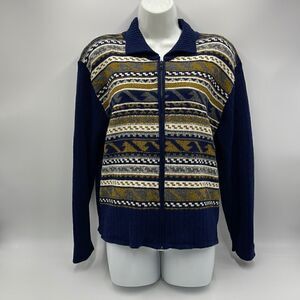 Navy blue patterned zip up mayfra sweaters sweater